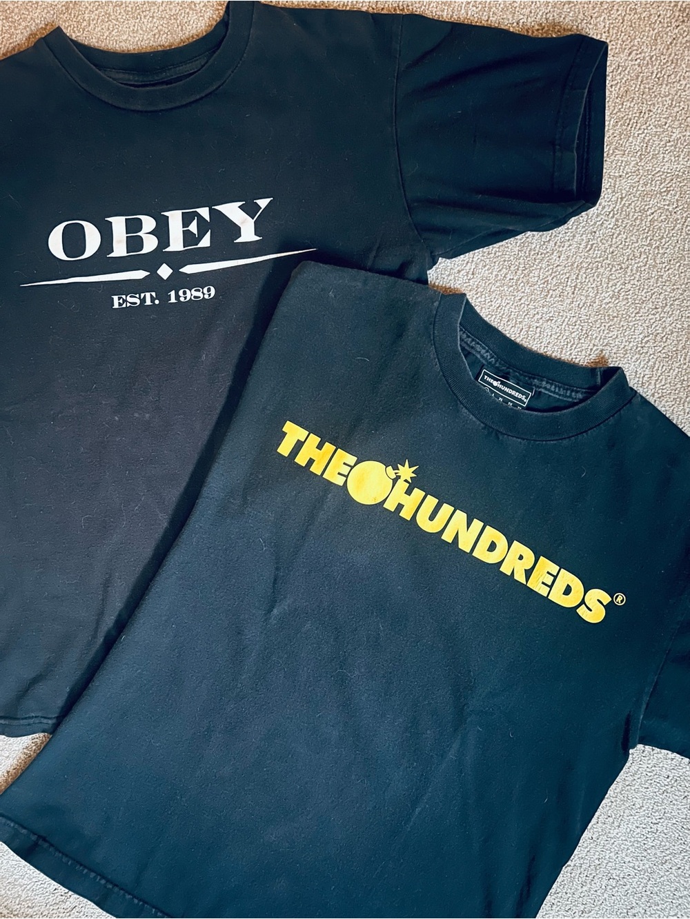Tee shirt lot: Hundreds Bomb Tee AND Obey black tee medium m Black and yellow
